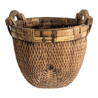 Vintage Chinese Woven Willow Basket With Solid Wood Handles For Sale