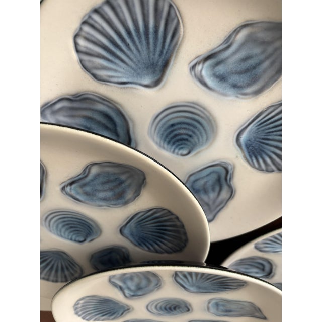 Blue Vintage Embossed Blue Ceramic Oyster Plates, Set of 10 For Sale - Image 8 of 13