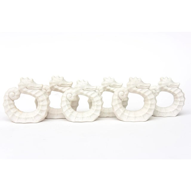 Vintage Porcelain White Bisque Sea Horse Coastal Napkin Rings Set of 6 1950's For Sale - Image 11 of 11