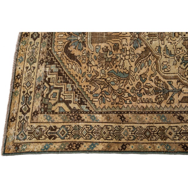 Mid 20th Century Mid 20th Century Vintage Persian Distressed Beige Handmade Floral Wool Rug For Sale - Image 5 of 9