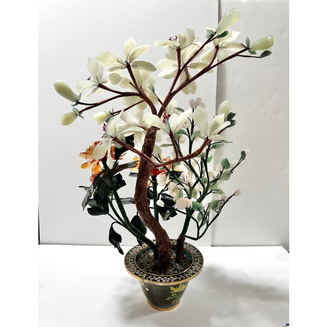 Vintage Chinese Hardstone Bonsai Tree Sculpture in Cloisonné Planter, Jade Quartz & Carnelian Gemstone Arrangement For Sale - Image 4 of 16