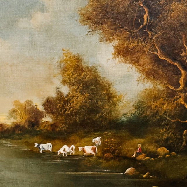 An evocative mid-to-late 20th-century oil painting that captures a serene pastoral scene, rendered with a warm, tonalist...