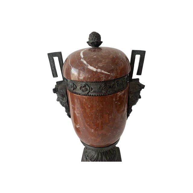 Pair of Vintage Red Marble and Bronze Greek Style Lidded Urns For Sale - Image 9 of 12