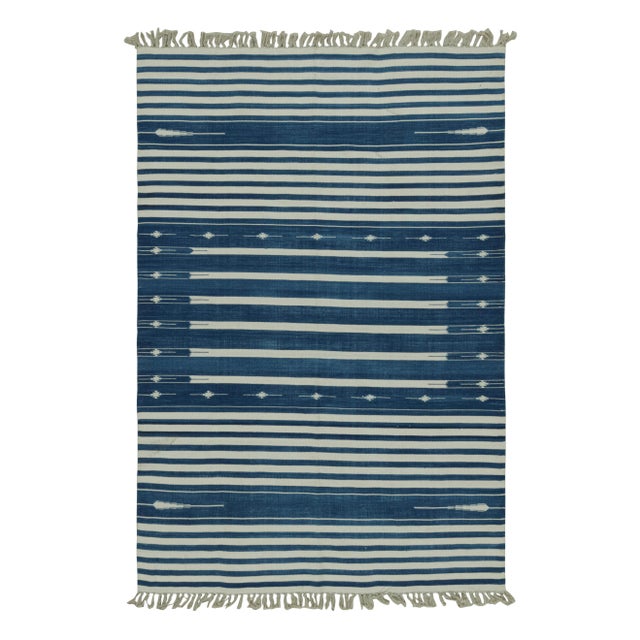 White Rug & Kilim's Contemporary Dhurrie Rug with White and Blue Stripes - 9x12 For Sale - Image 8 of 8