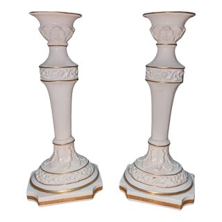 Pair of Vintage Italian Capodimonte-Style Porcelain Candlesticks, Gilt Trim, 10" For Sale