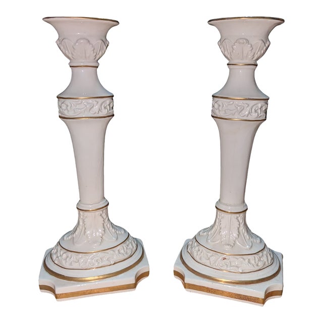 Pair of Vintage Italian Capodimonte-Style Porcelain Candlesticks, Gilt Trim, 10" For Sale