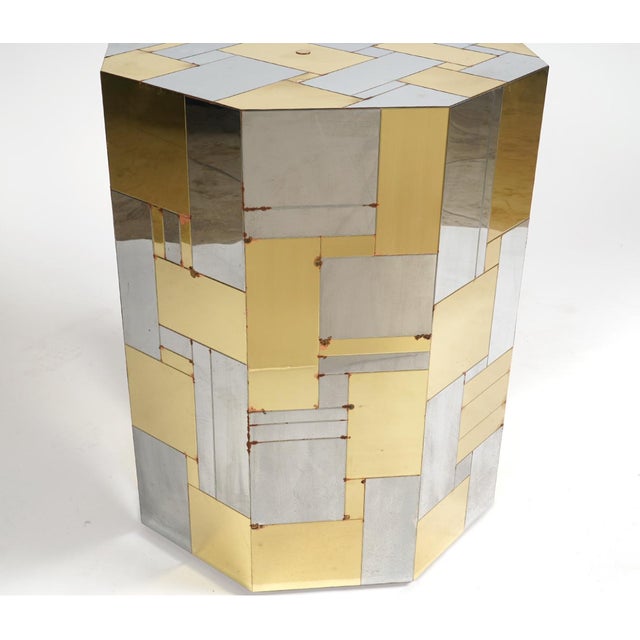1970s Signed Paul Evans 1970s Cityscape Patchwork Chrome and Brass Octagonal Breakfast Dining Table For Sale - Image 5 of 9