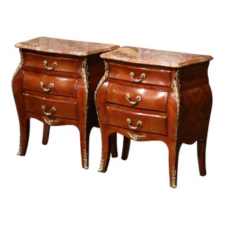 Pair of Mid-Century Louis XV Marble Top Walnut Three-Drawer Chests Nightstands For Sale