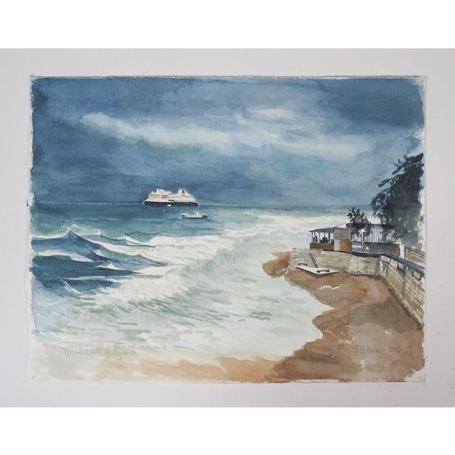 2006 watercolor on paper painting of a ferry off the coast with storm clouds coming in. Signed P. Speer and dated lower...