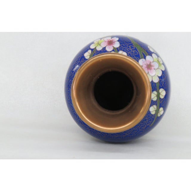 Metal Cloisonne Brass and Enamel Cobalt Blue Flowering Tree Vase For Sale - Image 7 of 12