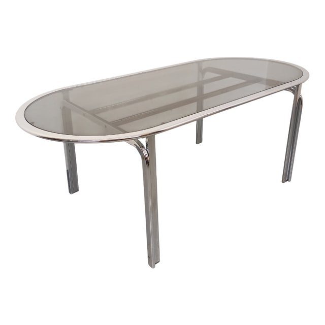 Vintage Oval Dining Table in Smoked Glass and Chrome Metal, 1970s For Sale