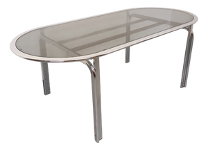 Vintage Oval Dining Table in Smoked Glass and Chrome Metal, 1970s