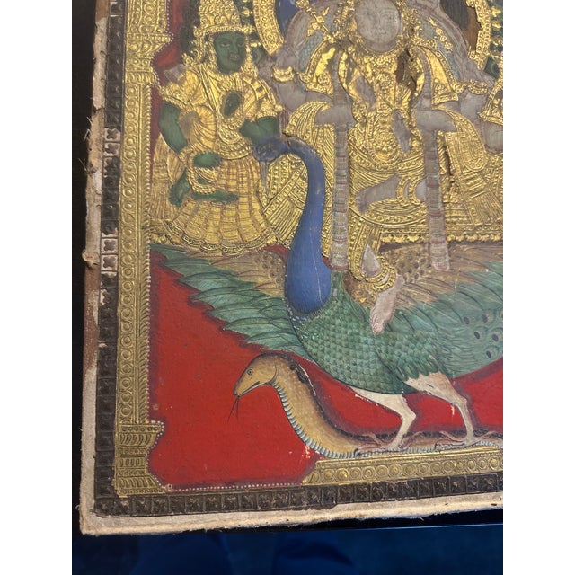 19th C Indian Thanjavur Tanjore Painting Gold Gilt Murugan on His Peacock Antique Multimedia Collage South India For Sale - Image 14 of 16
