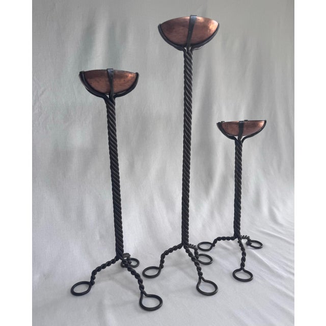 Mid 20th Century Vintage Brutalist Copper Cup Twisted Iron Metal Candlesticks, Set of Three For Sale - Image 5 of 11