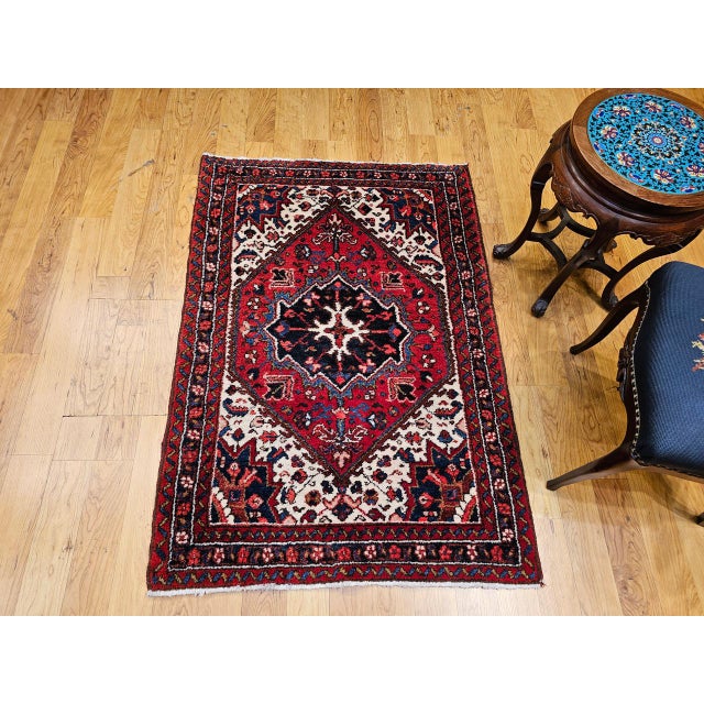 Persian Vintage Heriz Rug, Hand-Knotted Wool, Geometric Medallion Pattern, Red & Ivory, 3x5 For Sale - Image 3 of 17