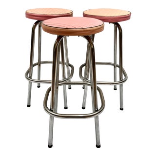 Mid-Century Swivel Chrome Bar Stools W/Pink Vinyl Seats - Set of 3 For Sale