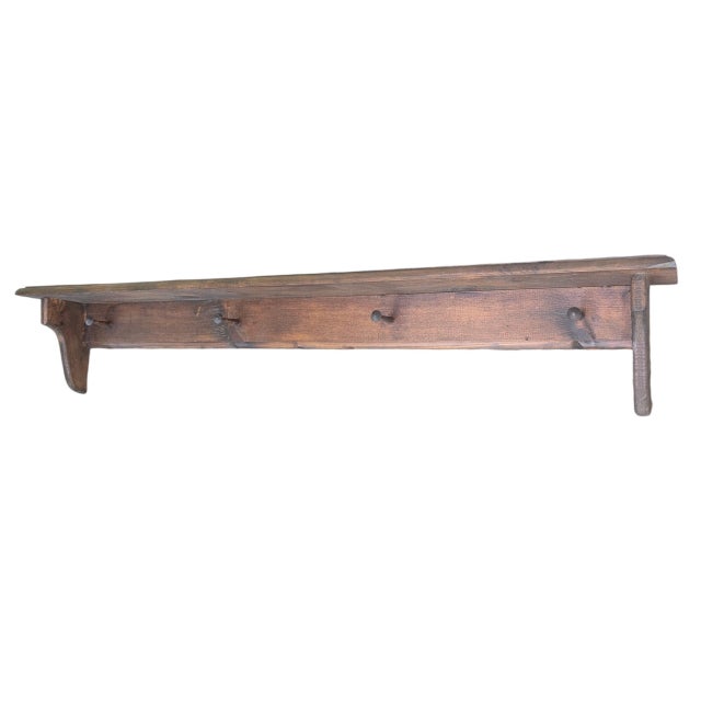 Vintage Farmhouse English Cottage Wooden Wall Shelf With Peg Hooks For Sale - Image 16 of 17