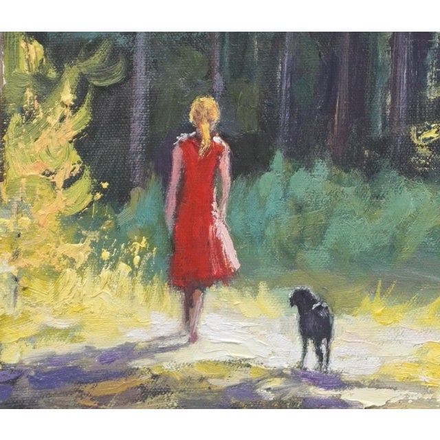 Original oil painting by Sean Wu, Walking in the forest, A woman walks her dog in the sunlight in the woods.