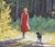 Original oil painting by Sean Wu, Walking in the forest, A woman walks her dog in the sunlight in the woods.