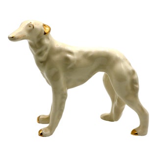 Mid-Century Modern White Glazed Ceramic Greyhound Figurine With Gold Accents For Sale