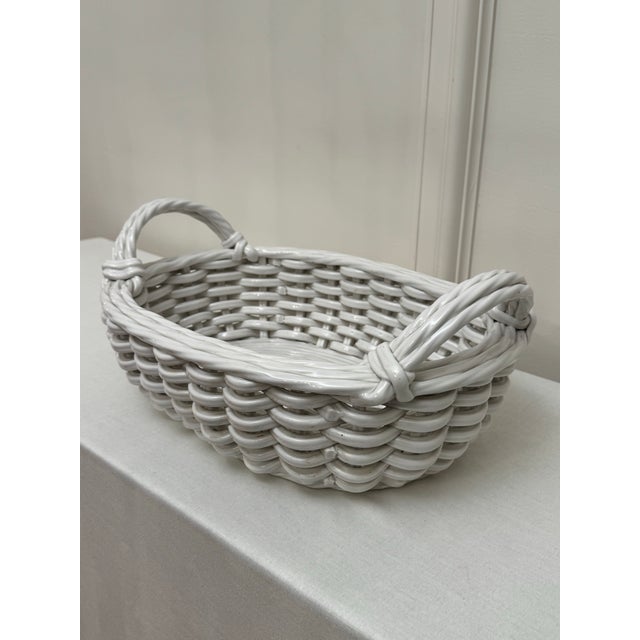 Ceramic French Shabby Chic Woven Wicker White Glazed Earthenware Basket For Sale - Image 7 of 11