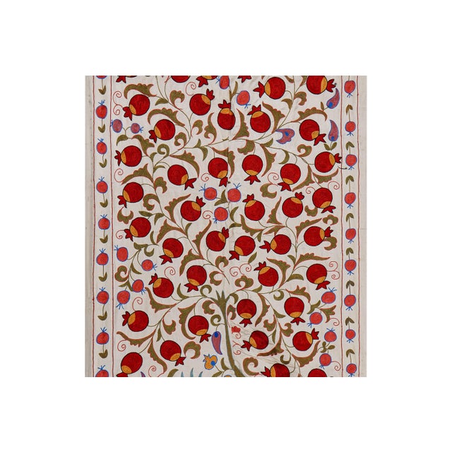 1960s Beige Uzbek Suzani Embroidered Wall Hanging – Pomegranate, Horse Boho Textile 3'4'' X 6'2'' For Sale - Image 5 of 12