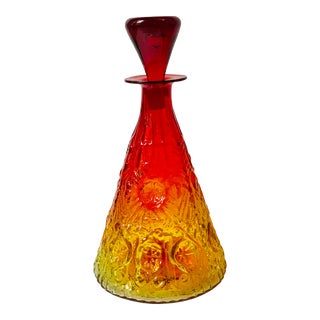 Rare Joel Myers Vintage Mid-Century Blenko Glass Tangerine Decanter With Original Ruby Stopper 6924 For Sale