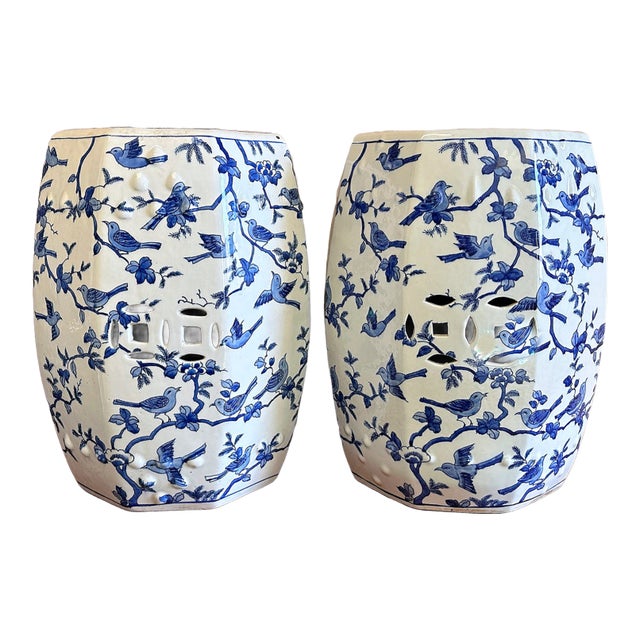 Chinoiserie Blue and White Petite Birds Porcelain Garden Stools - A Pair For Sale