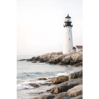 White Lighthouse Coastal Scene, Minimalist Seascape Art Print, 24″ × 36″ For Sale