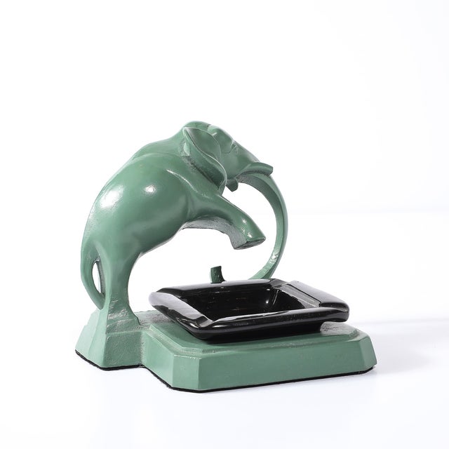 Art Deco Green Enamel & Black Ceramic Sculptural Elephant Ash Tray Signed Nuart For Sale - Image 12 of 13