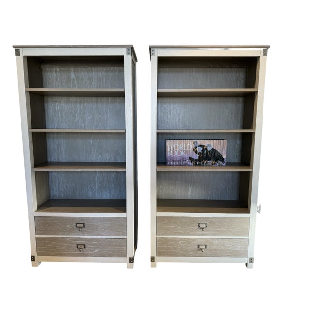 White-washed and oaky colored book shelves with two drawers. Can be purchased separately. Modern farmhouse style....