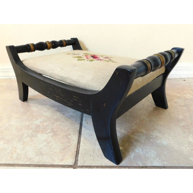 Early 20th Century Vintage Mid-Century Hitchcock Black & Gold Floral Needlepoint Footstool For Sale - Image 5 of 14