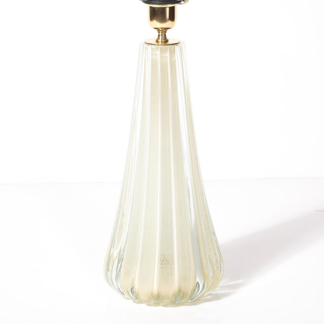 Oyster Gray Modernist Hand-Blown Fluted Oyster Murano Glass & Brass Table Lamps For Sale - Image 8 of 16