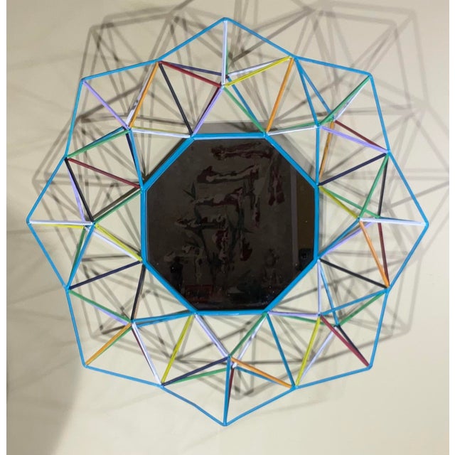 Funky One-of-a-Kind Hand-Painted Geometric Metal Mirror – 3d Sunburst Wall Art For Sale - Image 11 of 18