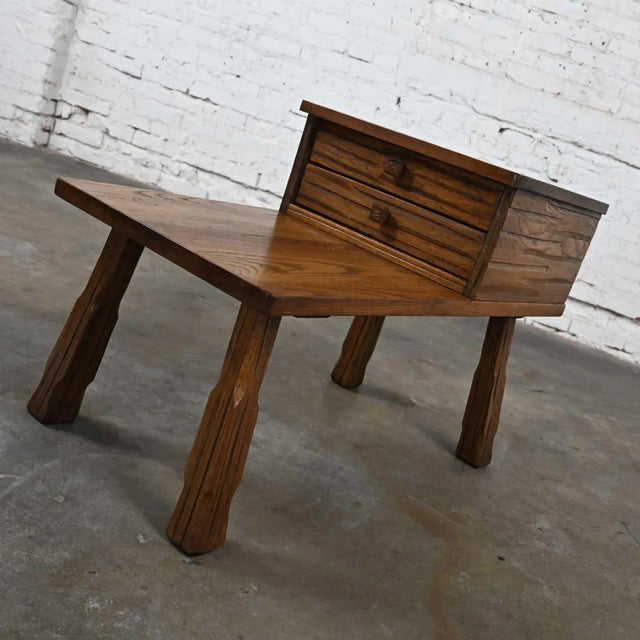 Vintage Rustic Ranch Oak Step End Table With 2 Drawers & Acorn Brown