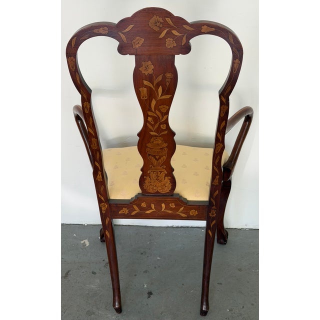 Antique Dutch Marquetry Mahogany Open Armchair With Bird & Floral Inlay, Late 19th Century For Sale - Image 4 of 12