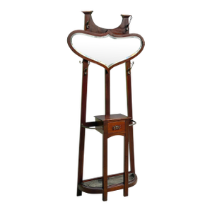 Antique Art Nouveau Mahogany Hall Tree With Heart Shaped Beveled Mirror