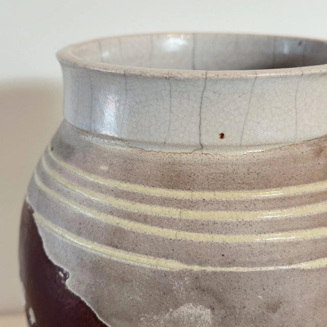 Mid 20th Century Mid-Century Hand Thrown Raku Pottery Vase With Bold Glazing and Pinched Form For Sale - Image 5 of 9