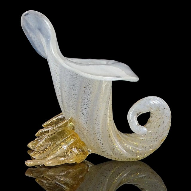 Beautiful vintage Murano hand blown opal white and gold flecks Italian art glass miniature cornucopia flower bud vase....