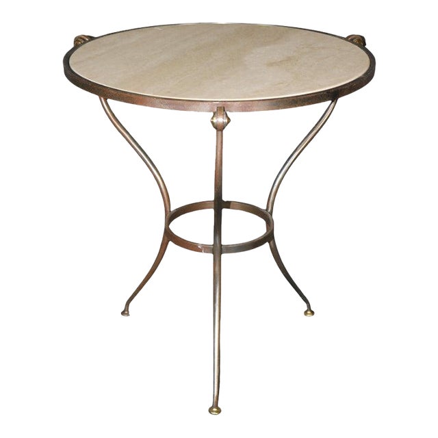 Simple and Sophisticated French Travertine Marble Metal and Brass Gueridon Table For Sale