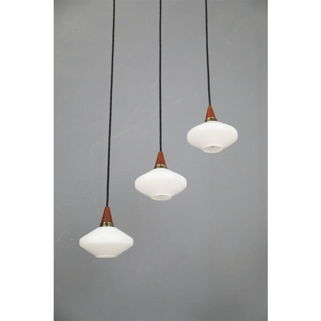 Mid-Century Modern Danish Glass Pendant Lamps with Teak Top, 1960s, Set of 3 For Sale - Image 4 of 11