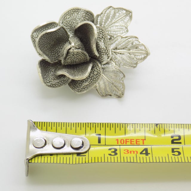 Vintage Italian Handmade Genuine Silver Filigree Medium-Sized Rose Flower Brooch For Sale - Image 13 of 13