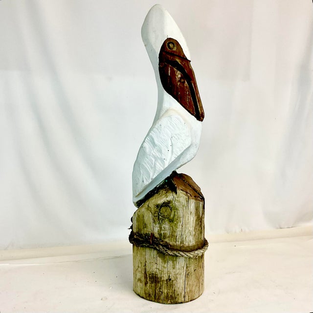 Mid 20th Century Vintage Coastal Folk Art Hand-Carved Pelican Sculpture From a Wooden Pier Post. For Sale - Image 5 of 13