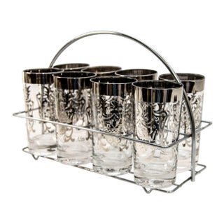 Vintage Kimiko Signed Silver High Ball Glasses Set of 8 With Carrying Caddy 60's For Sale