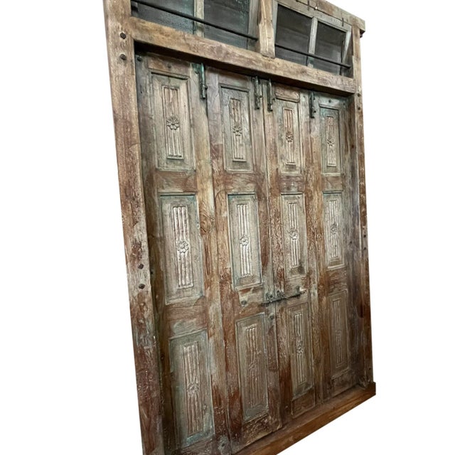 Antique Rustic Carved Exterior Teak Double Hinged Doors, Colonial Plantation Architecture For Sale - Image 10 of 13