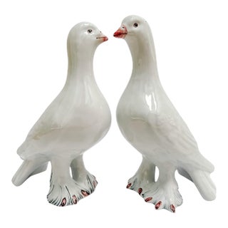 Vintage Italian Glazed Terracotta Dove Figurines - A Pair For Sale