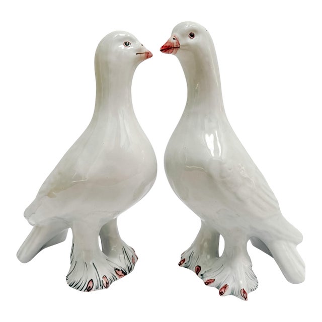 Vintage Italian Glazed Terracotta Dove Figurines - A Pair For Sale