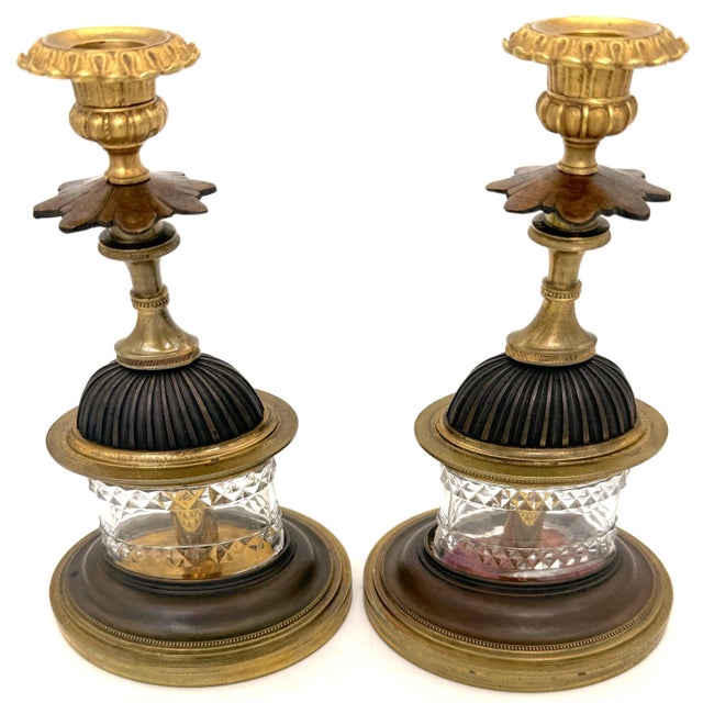 Traditional Regency Pagoda Cut Glass Gilt & Patinated Candlesticks - a Pair For Sale - Image 3 of 9