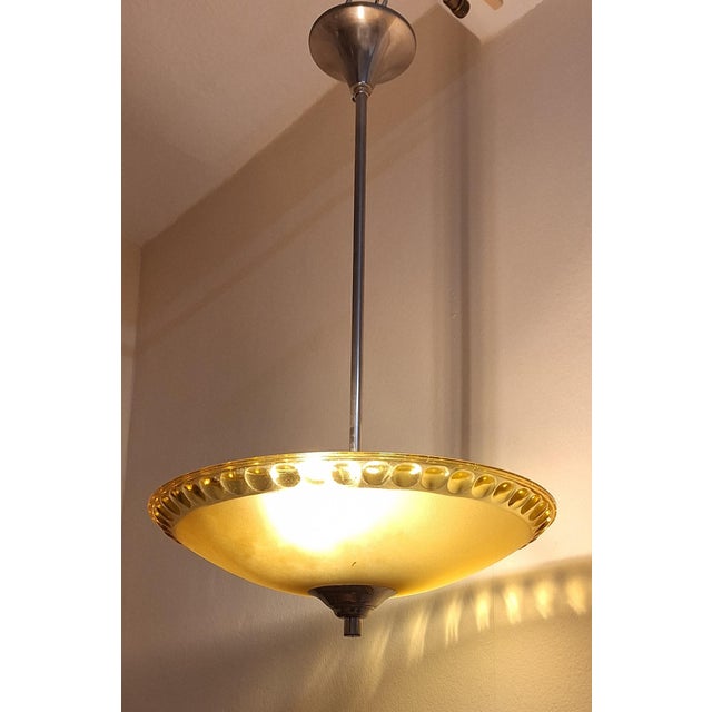 Silver German Art Deco Chrome-Plated Metal Ceiling Lamp with Yellow Cut Crystal Glass Shade, 1930s For Sale - Image 8 of 8