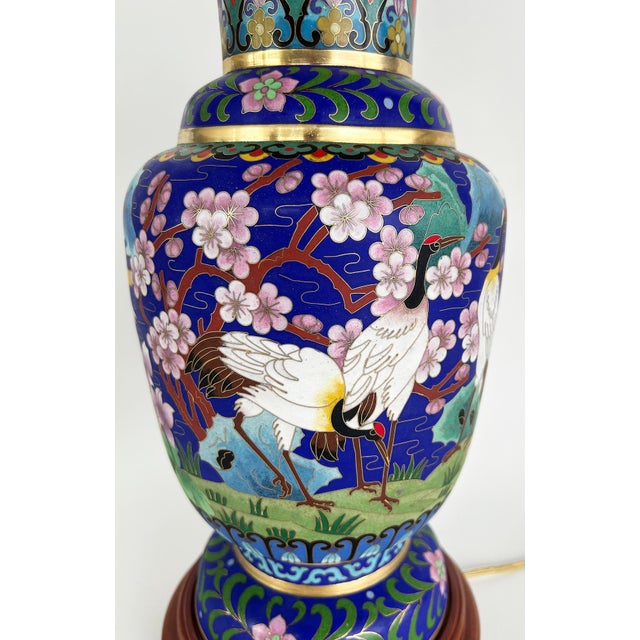 Late 20th Century Chinese Cloisonné Table Lamps Birds Flowers, New String Shades, Pair For Sale - Image 15 of 15
